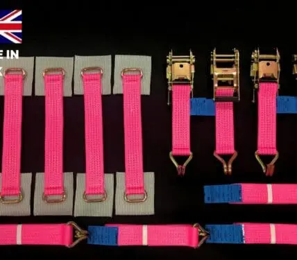 Recovery Ratchet Alloy Wheel Straps Trailer  x 4 Hi Vis PINK - Damar Webbing Solutions Ltd