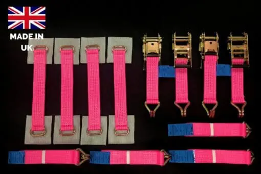 Recovery Ratchet Alloy Wheel Straps Trailer  x 4 Hi Vis PINK - Damar Webbing Solutions Ltd