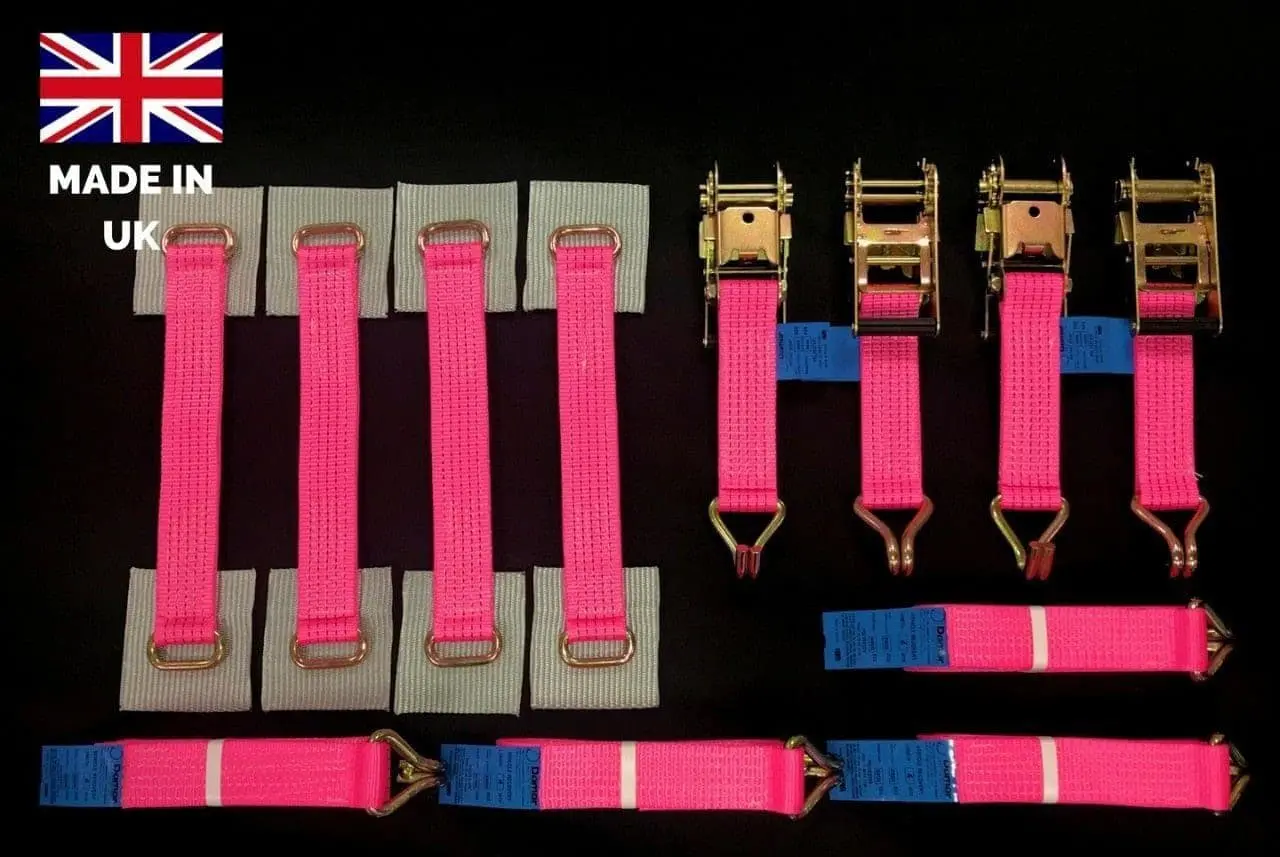Recovery Ratchet Alloy Wheel Straps Trailer  x 4 Hi Vis PINK - Damar Webbing Solutions Ltd