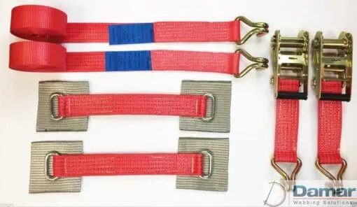 2 x 4mtr recovery alloy wheel ratchet transporter trailer straps strop red - Damar Webbing Solutions Ltd