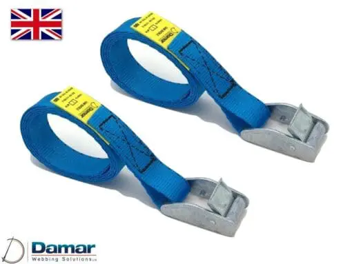 Quantity 2 - Cam buckle tie down straps 25mm wide 2mtr long BLUE - Damar Webbing Solutions Ltd