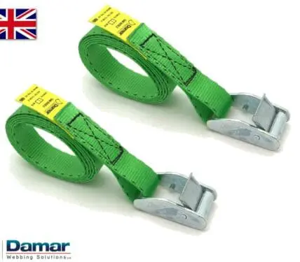 Quantity 2 - Cam buckle tie down straps 25mm wide 2mtr long GREEN - Damar Webbing Solutions Ltd