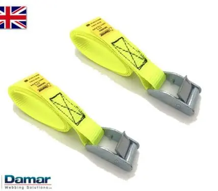 Quantity 2 - Cam buckle tie down straps 25mm wide 2mtr long HI VIS YELLOW - Damar Webbing Solutions Ltd