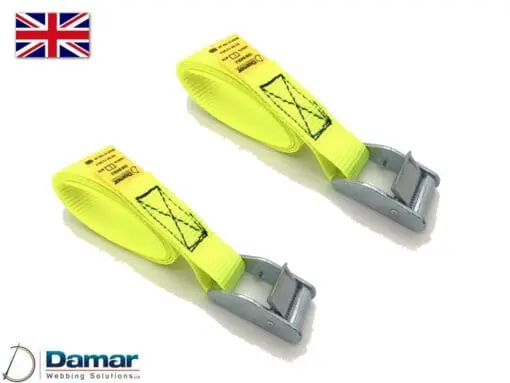Quantity 2 - Cam buckle tie down straps 25mm wide 2mtr long HI VIS YELLOW - Damar Webbing Solutions Ltd