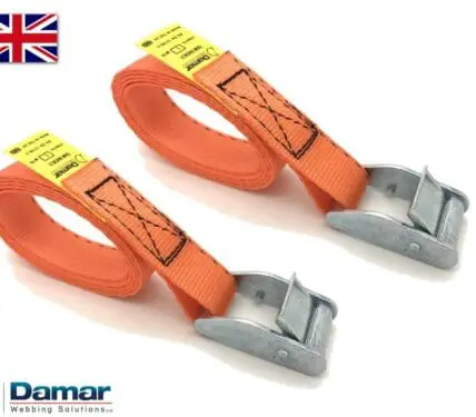 Quantity 2 - Cam buckle tie down straps 25mm wide 2mtr long ORANGE - Damar Webbing Solutions Ltd