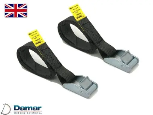 Quantity 2 - Cam buckle tie down straps 25mm wide 2mtr long BLACK - Damar Webbing Solutions Ltd