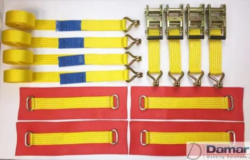 Vehicle Transporter Recovery Straps Yellow Big Pads x 4 - Damar Webbing Solutions Ltd