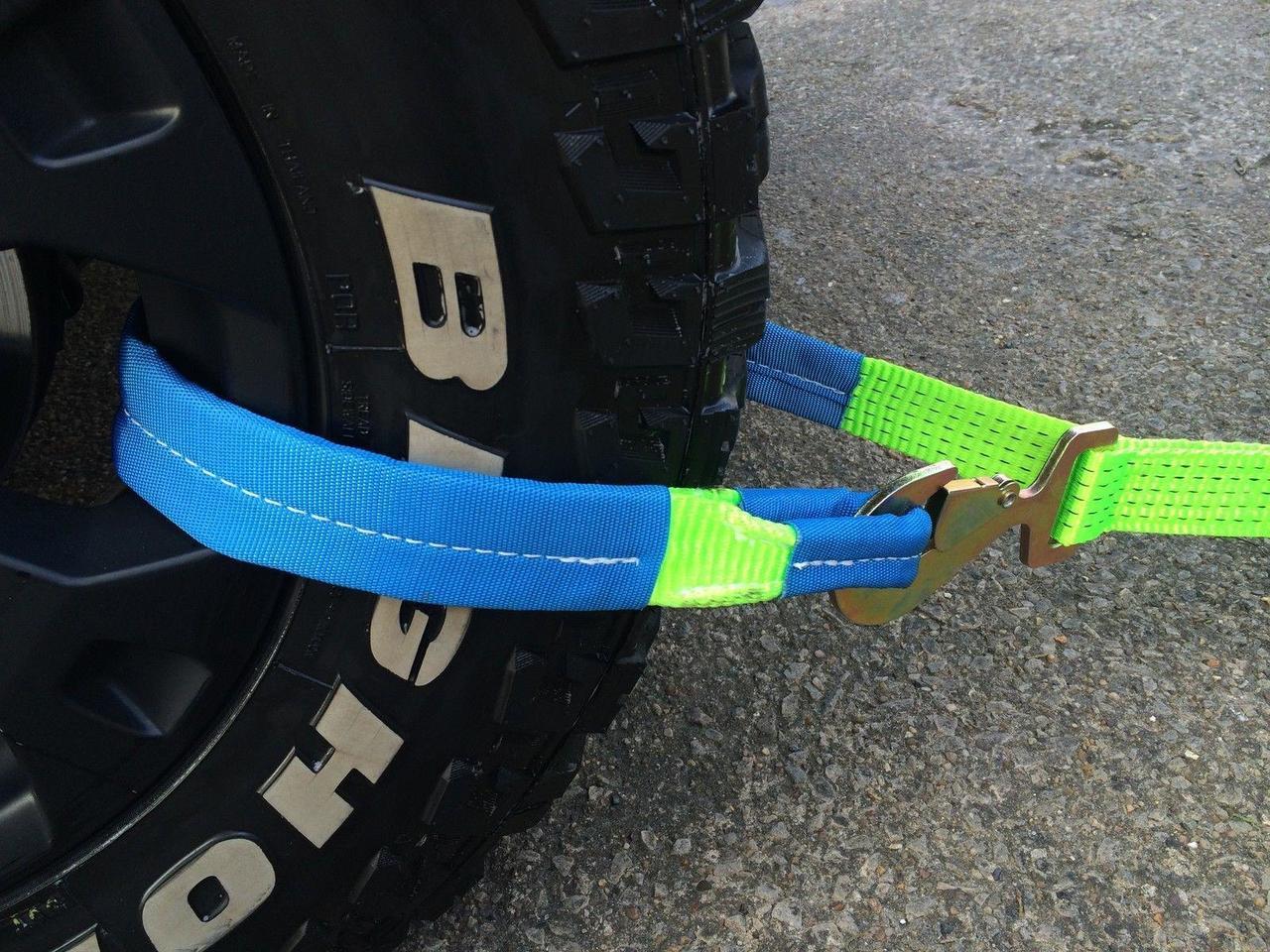 Recovery Ratchet Hi Vis Green Alloy Wheel Safety Straps Trailer Snap Hooks x 4 - Damar Webbing Solutions Ltd