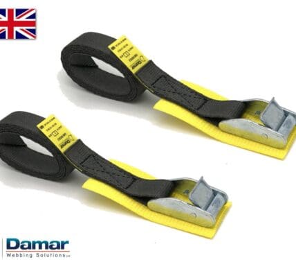 Quantity 2 - Cam buckle tie down straps With protection pad 25mm wide 2mtr long BLACK - Damar Webbing Solutions Ltd