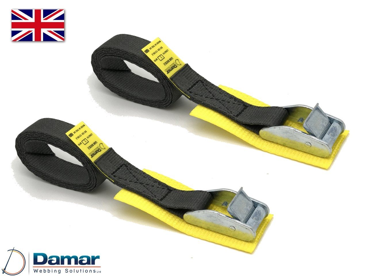 Quantity 2 - Cam buckle tie down straps With protection pad 25mm wide 2mtr long BLACK - Damar Webbing Solutions Ltd