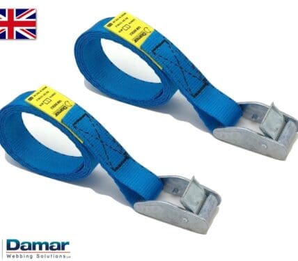 Quantity 2 - Cam buckle tie down straps 25mm wide 2mtr long BLUE - Damar Webbing Solutions Ltd