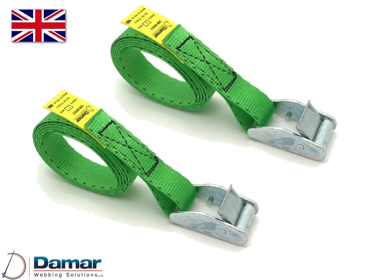 Quantity 2 - Cam buckle tie down straps 25mm wide 2mtr long GREEN - Damar Webbing Solutions Ltd