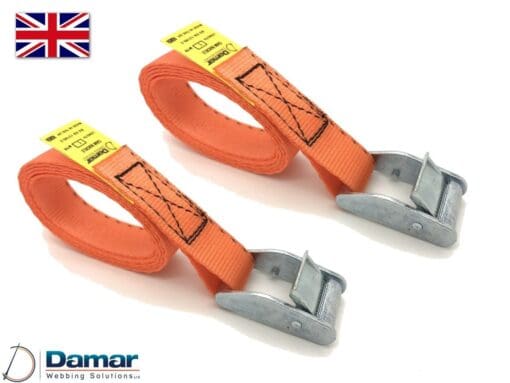 Quantity 2 - Cam buckle tie down straps 25mm wide 2mtr long ORANGE - Damar Webbing Solutions Ltd