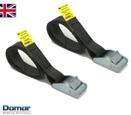 Quantity 2 - Cam buckle tie down straps 25mm wide 2mtr long BLACK - Damar Webbing Solutions Ltd